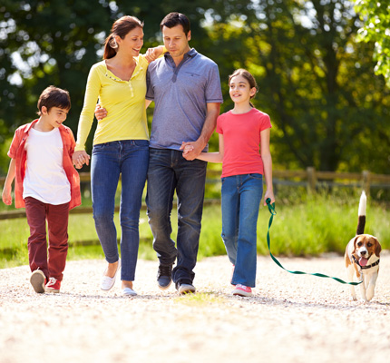 family walking dog together
